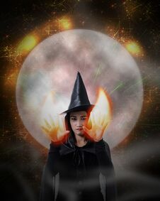 Woman In Black Scary Witch Halloween Costume With Halloween Art Stock Photos