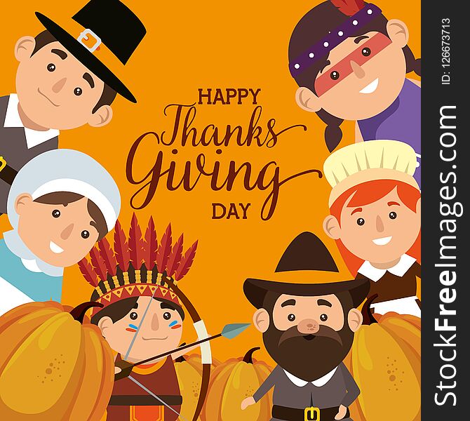 Thanks giving card with pilgrims and natives vector illustration design