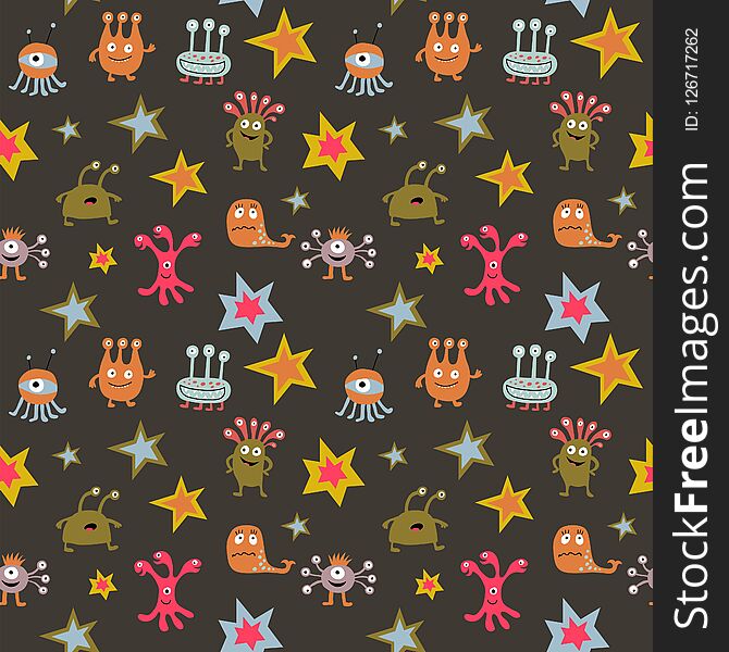 Seamless background with cheerful aliens on a dark background