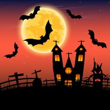 Halloween Night With Castle And Dark Tree Of Hands Shape On Full Royalty Free Stock Photo