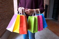 Woman Holding Shopping Bag On Vintage Street In Shopping Mall, S Royalty Free Stock Images
