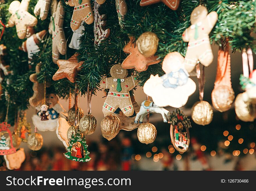 Christmas decorations. Various gingerbreads and other decorations on a Christmas tree