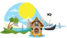 A Set Of Illustrations On The Pirate Theme. Small Fishing Boat From The Old Hut Stock Photos