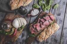 Steak Sandwich, Sliced Roast Beef. Home Baked Bread, Mozzarella Cheese,spinach Stock Images