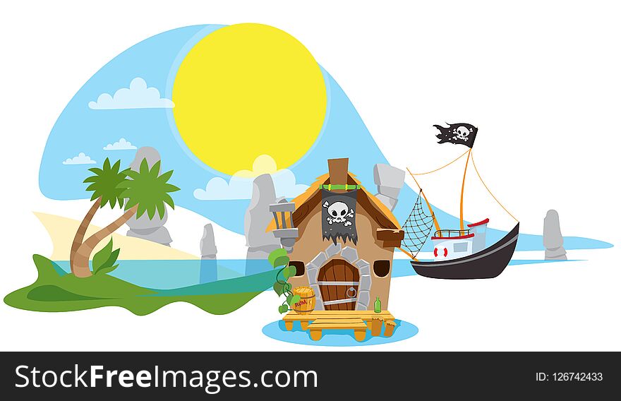 A set of illustrations on the pirate theme. Small fishing boat from the old hut