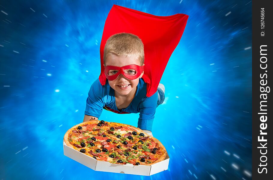 Fast delivery.The superhero delivers pizza. Fast delivery.The superhero delivers pizza.