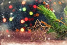 Christmas And New Year`s Concept. Gifts, Lanterns, Bell, Bokeh On A Wooden Background Stock Photos