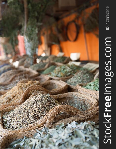 Different Aromatic Herbs Exposed In Medieval Market