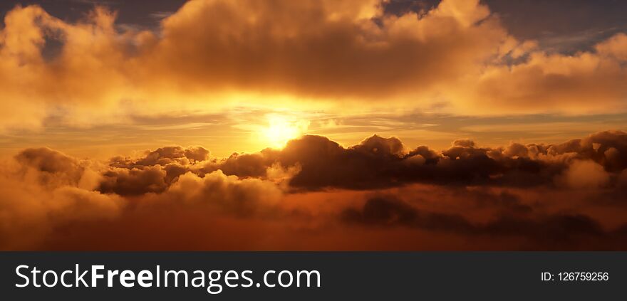 Sunset in the clouds. The bright disk of the sun is partly hidden by the clouds. 3D rendering