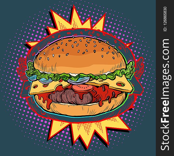 Hot Burger on fire, fast food restaurant. Pop art retro vector illustration vintage kitsch