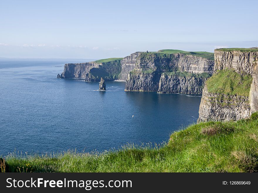 Landscape view of Cliffs of Moher with clear day sky. County Clare, Ireland.
