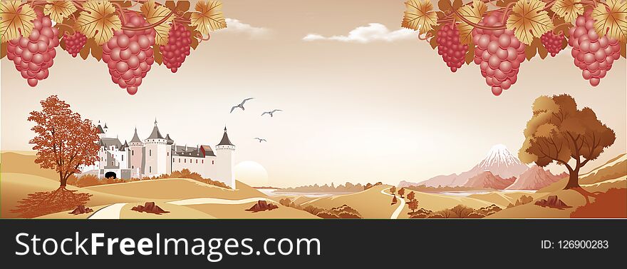 Realistic landscape with bunches of grapes in red. Ancient castle on the hill. High mountains and a lake on the horizon. Vector illustration