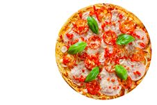 Pizza With Mozzarella Cheese, Ham, Tomatoes, Pepper, Spices And Fresh Basil. Italian Pizza Isolated On White Background. With Copy Stock Images