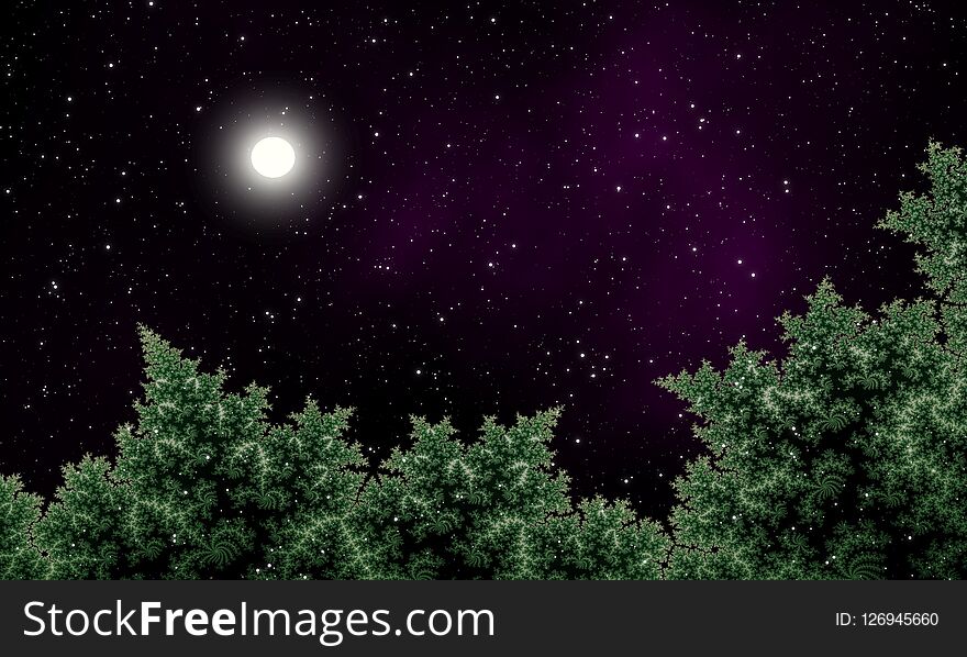 Night sky over pine forest with full moon and stars field illustration design background.