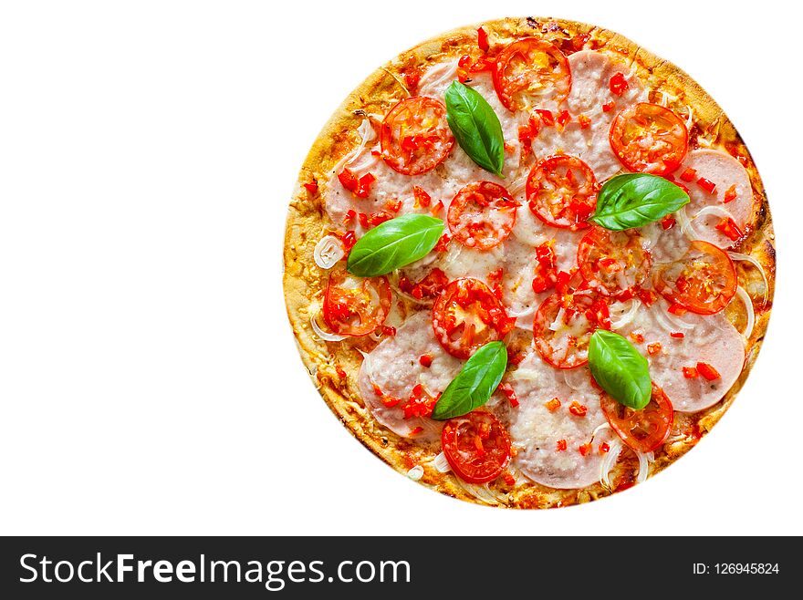 Sliced Pizza with Mozzarella cheese, Ham, Tomatoes, pepper, Spices and Fresh Basil. Italian pizza isolated on white background. with copy space. top view