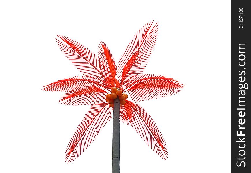 Artificial coconut palm with orange leaves over white background. Artificial coconut palm with orange leaves over white background