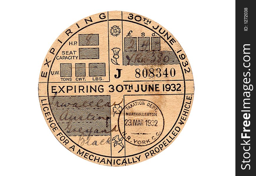 Mechanically propelled vehicle tax disc. Mechanically propelled vehicle tax disc