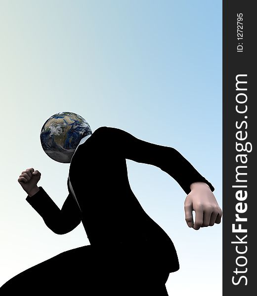A conceptual image of a running person with his head replaced with the earth. A conceptual image of a running person with his head replaced with the earth.