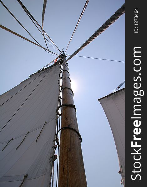 Sails on a pinky schooner on a reach near Herrick's Landing Maine. Sails on a pinky schooner on a reach near Herrick's Landing Maine.