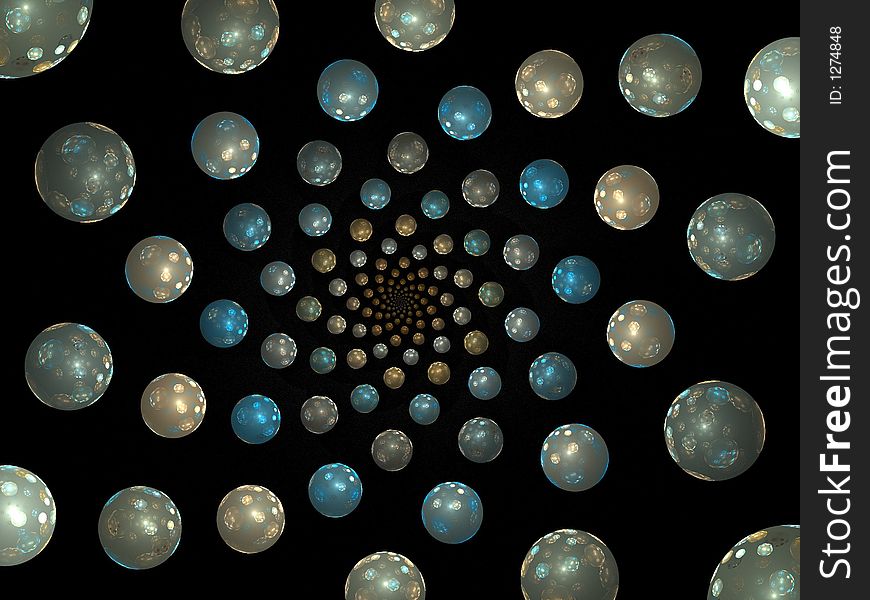 Fractal, balls spiraling infinitely into the center of the picture. Fractal, balls spiraling infinitely into the center of the picture.