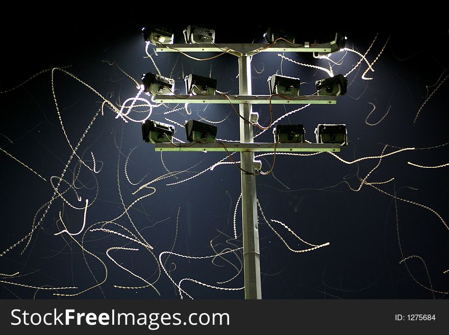 Moth trails captured by a slow shutter speed as they circle around some floodlights.