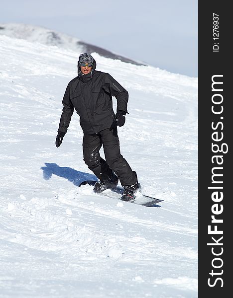 Black snowboarder on ski resort