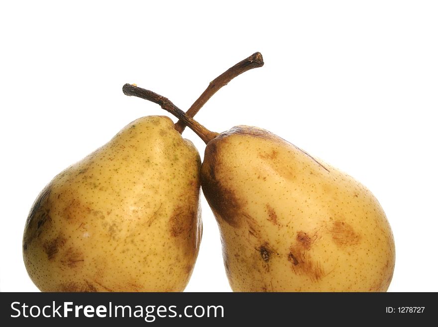 Two ripe pears leaning on each other with stems crossed. Two ripe pears leaning on each other with stems crossed