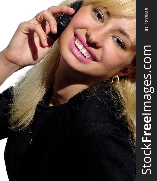 Smiling beautiful blondie with mobile