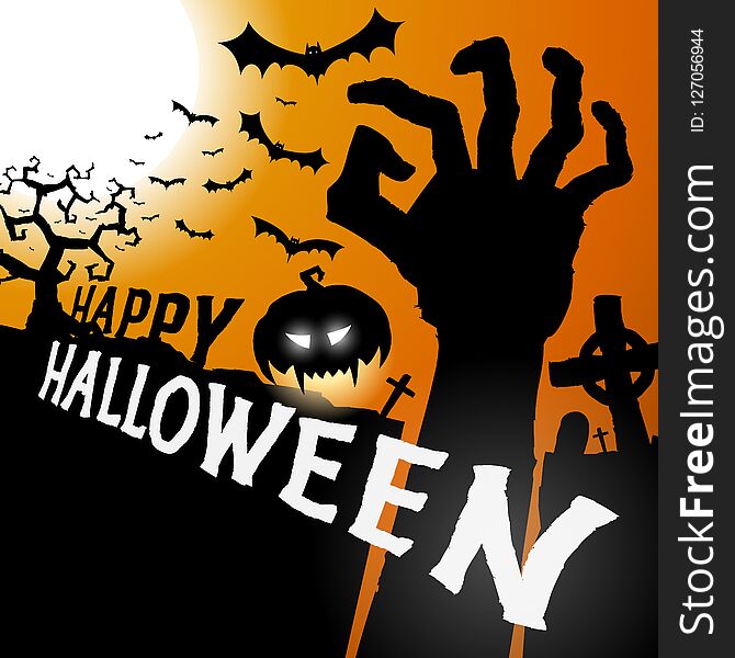 Halloween greeting card with hand vector background Happy halloween party festive poster