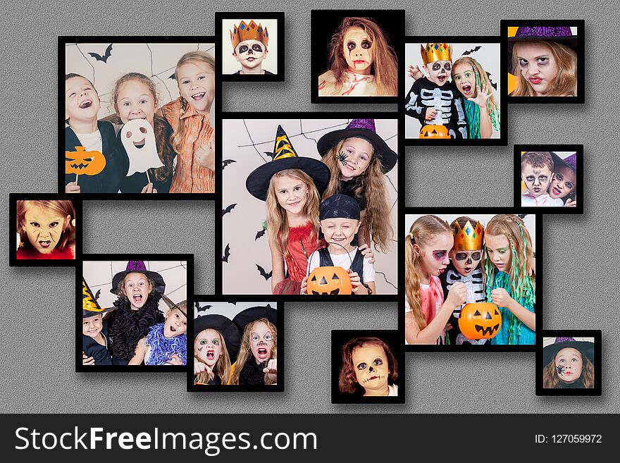 Collage of happy children on Halloween party.