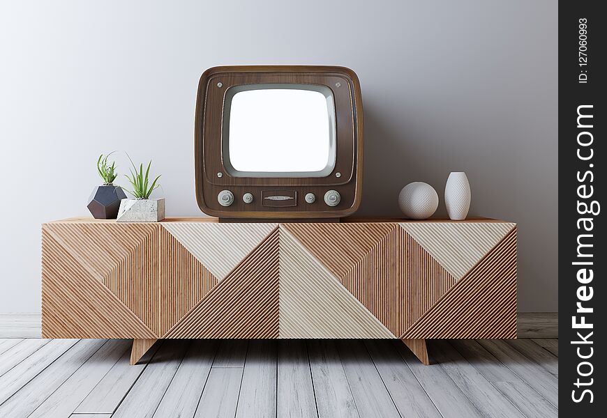Vintage TV with mockup screen on the media unit. Loft interior with vintage TV and media console. 3D render.