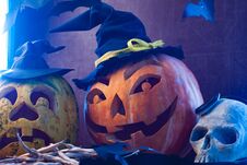 Halloween Pumpkins In Blue Light, Scary Skull, Halloween Background, Stock Images