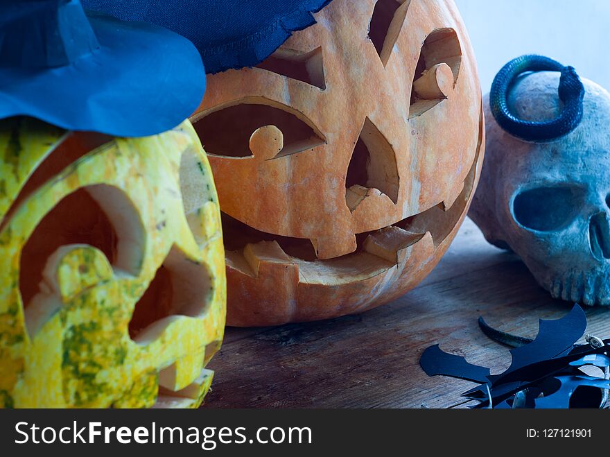 Halloween pumpkin closeup, traditional decor, carved face