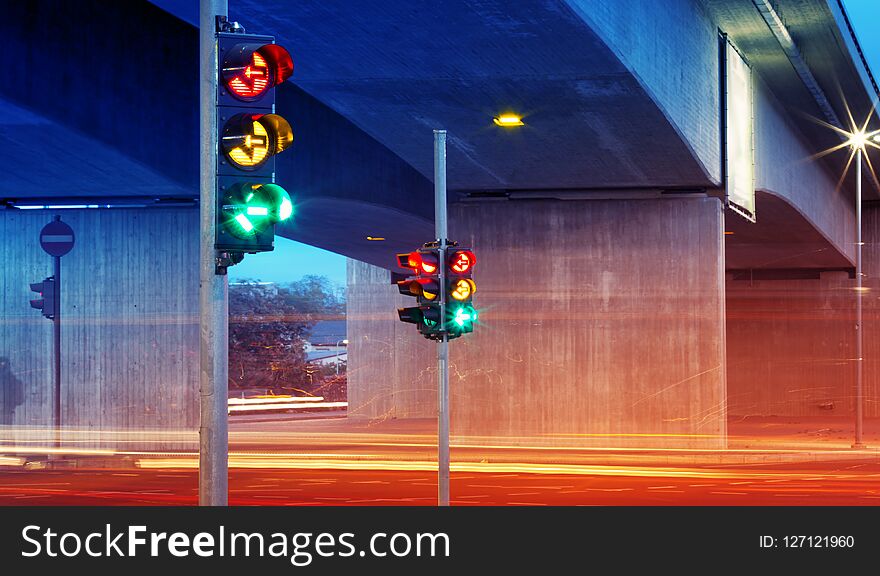 Trafficlights In The City At Night Time