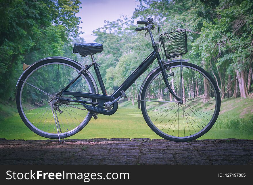 Vintage bicycle parked on the road. Cool tone.