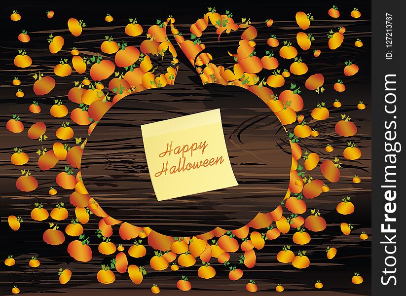 Composition of pumpkins. Halloween. Greeting card for a holiday or an invitation to a party. Empty space for text. Vector on wooden background. Yellow sheet of paper for notes. Sticker.
