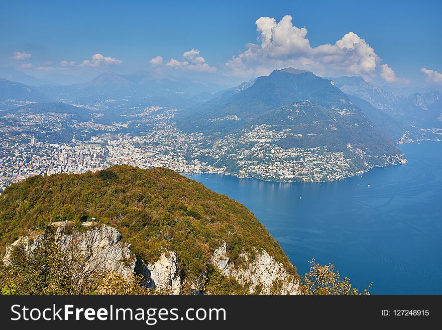 View to lake Lugano from San Salvatore mountain in Lugano, Switzerland