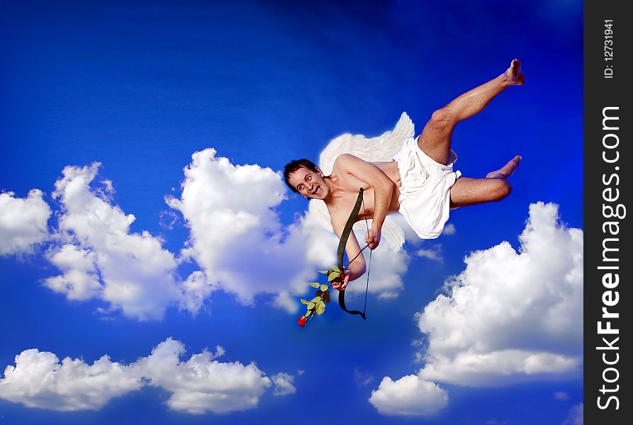 Cupid with bow flying over clouds. Cupid with bow flying over clouds