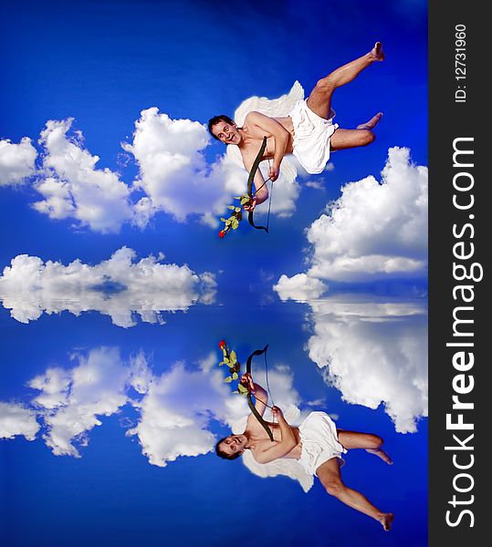 Cupid with bow flying over clouds. Cupid with bow flying over clouds