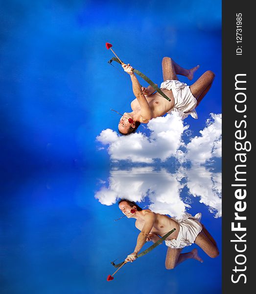 Cupid with bow flying over clouds. Cupid with bow flying over clouds