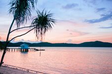 Peaceful White Sand Beach Sunset Sky Of Koh Mud Sum Island Near Stock Image