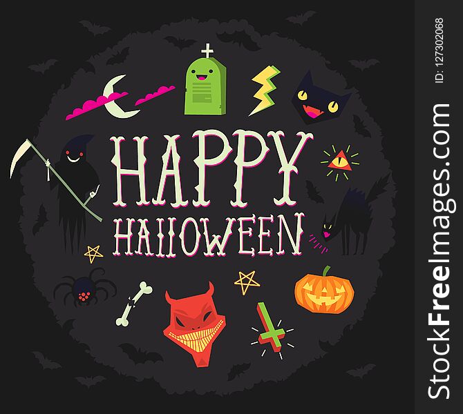 Halloween poster with happy halloween wishes and spooky faces