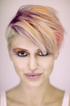 Fashion Beautiful Blonde Woman With Short Haircut And Colorful Pastel Hair And Make Up Royalty Free Stock Photos