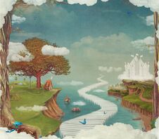 Illustration Of A Fairytale Fantastic Forest , Castle, Bridge, Lake In Sky Royalty Free Stock Images