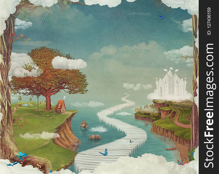 Illustration of a fairytale fantastic forest , castle, bridge, lake in sky