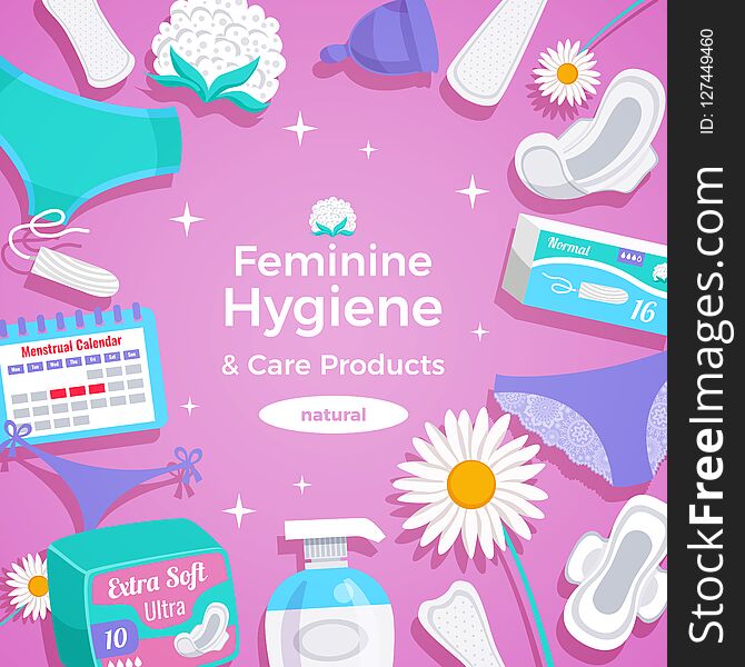 Feminine hygiene natural products flat square frame composition with pads panty liners tampons menstrual cup vector illustration. Feminine hygiene natural products flat square frame composition with pads panty liners tampons menstrual cup vector illustration