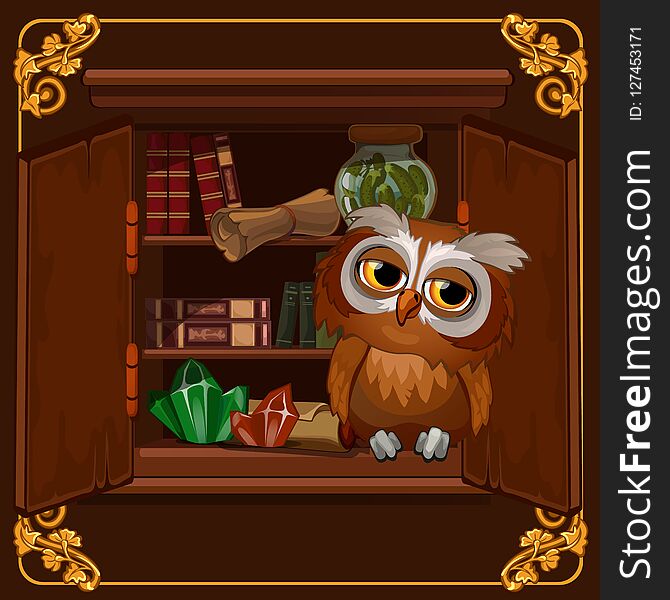 A poster with the image of a wise owl sitting on a bookshelf library with old books. Cartoon vector close-up illustration