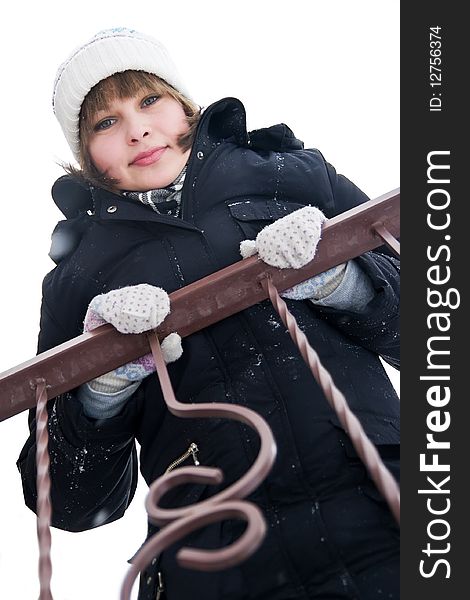 Girl At The Balcony In Winter Day