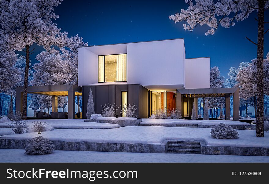 3d rendering of modern cozy house with garage and garden. Cool winter night with cozy warm light from windows. For sale or rent with beautiful white spruce on background. 3d rendering of modern cozy house with garage and garden. Cool winter night with cozy warm light from windows. For sale or rent with beautiful white spruce on background.