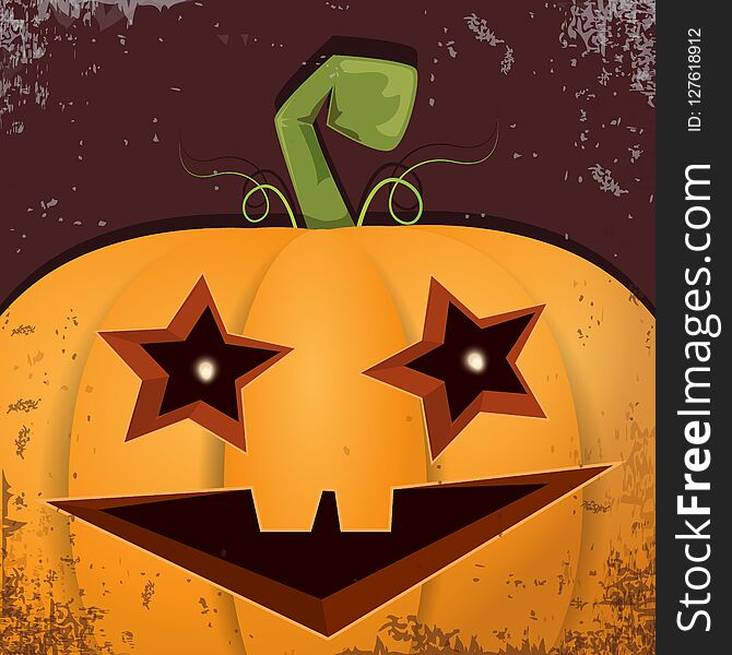 Halloween Cartoon Pumpkin With Face On Dark Background. Vector Cartoon Illustration Of Carved Pumpkin Into Jack-o